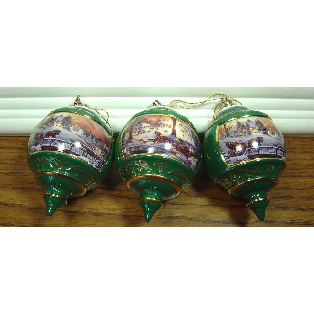 3 GREEN TERRY REDLIN PORCELAIN ORNAMENT BALLS-2 STYLES-NO BOXES